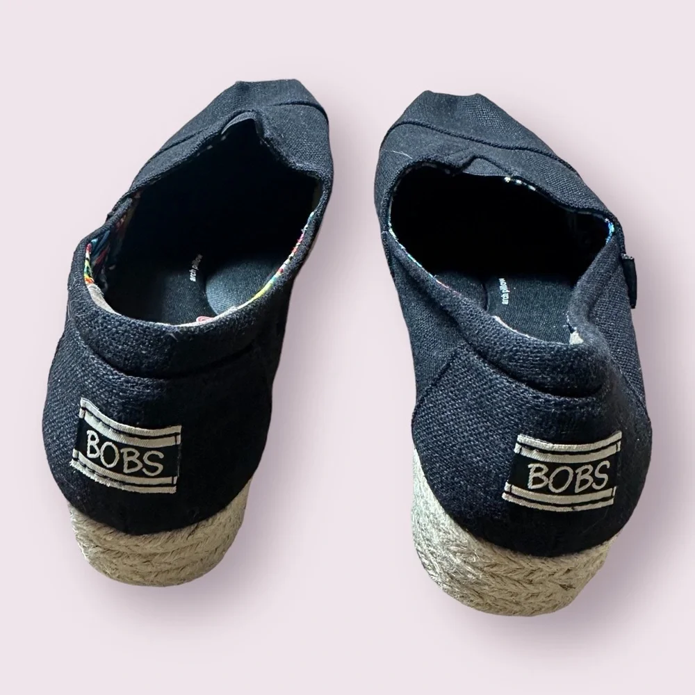 Bobs By Skechers Black Espadrille Women's Slip On Wedge Shoes Sz 8.5 Memory Foam